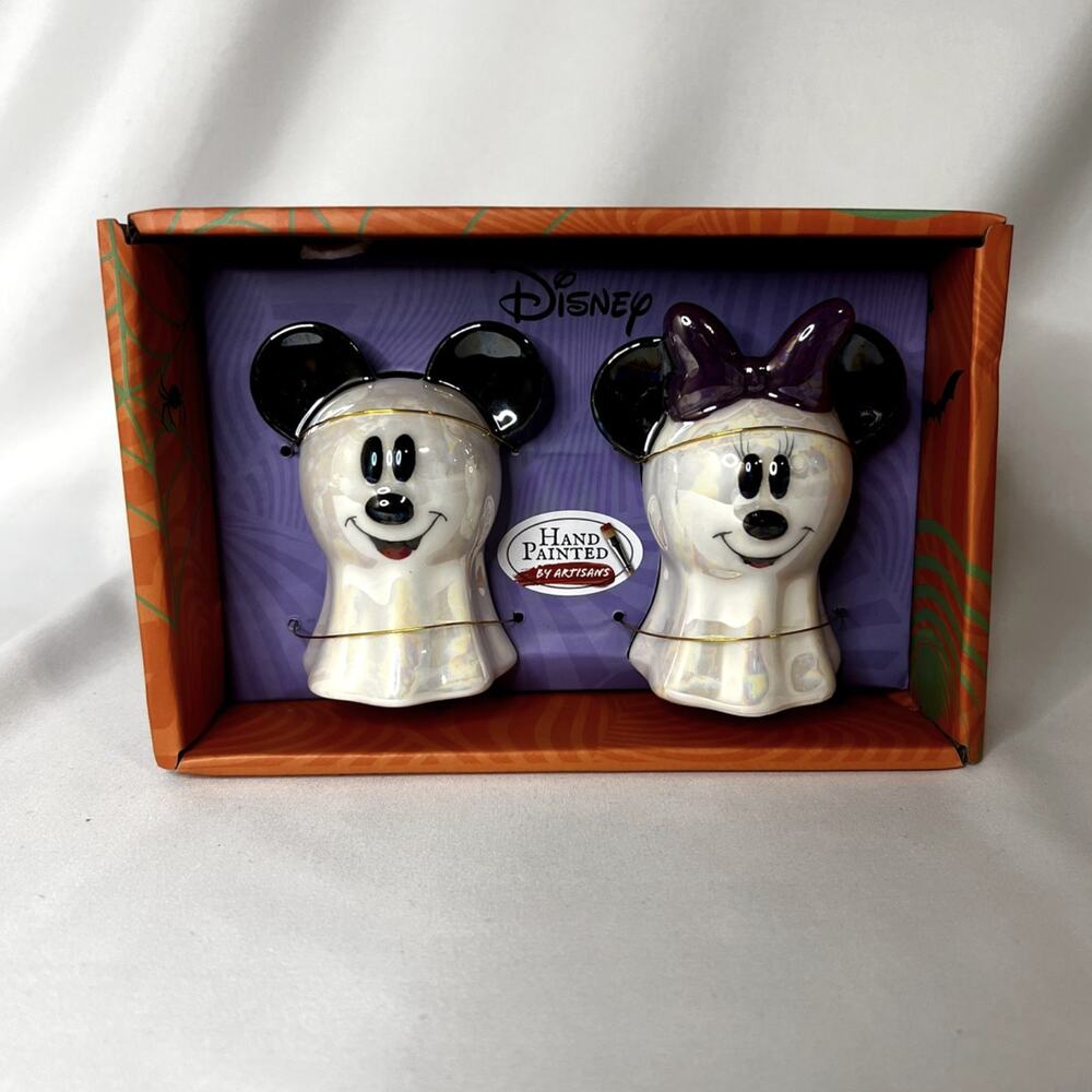 Disney Mickey and Minnie Mouse Ghost Ceramic Salt & Pepper Shakers Halloween NIB